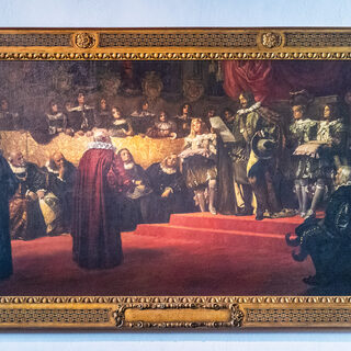 Das Gemälde zeigt Professoren, Studenten, Honoratioren der Stadt bei den Gründungsfeierlichkeiten für die erste Duisburger Universität am 14.10.1655 in der Salvatorkirche.