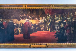 Das Gemälde zeigt Professoren, Studenten, Honoratioren der Stadt bei den Gründungsfeierlichkeiten für die erste Duisburger Universität am 14.10.1655 in der Salvatorkirche.