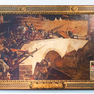 Details des Ratsaals, Das Gemälde zeigt den Überfall des Kölner Erzbischofs im Jahre 1445. Als der Erzbischof über die hölzerne Brücke floh, soll er gerufen haben: „Verloren! Verloren!“ Durch die verlorenen Kosten wurde die Brücke auch „Verlorencostbrücke“ genannt, der Volksmund machte sie später zur „Verlörkesbrücke“.