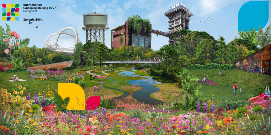 Ein Blick in eine Landschaft, mit vielen Elementen, die für die IGA prägend sein sollen. Zu sehen sind u.a. Tiger and Turtle, ein Wasserturm, eine Brücke, eine blühende Wiese und Bäche. Oben links steht das Logo der IGA 2027 mit dem Claim: Zukunft. Blüht.