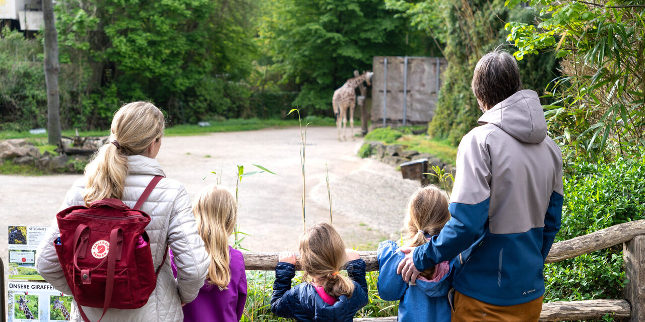 Eine Familie beim Besuch im Duisburger Zoo vor dem Giraffengehege