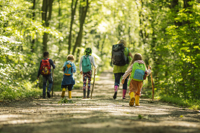 Eine Frau und drei Kinder im Wald.