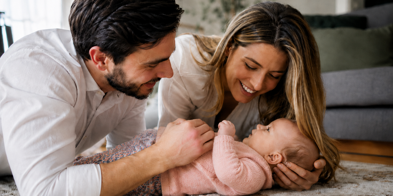 Vater, Mutter, Kind auf dem Teppich im Wohnzimmer liegend.