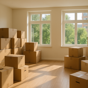 Eine leere Wohnung mit Umzugskartons. Durch die Fenster scheint die Sonne, man sieht viel Grün.