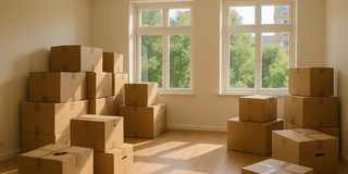 Eine leere Wohnung mit Umzugskartons. Durch die Fenster scheint die Sonne, man sieht viel Grün.