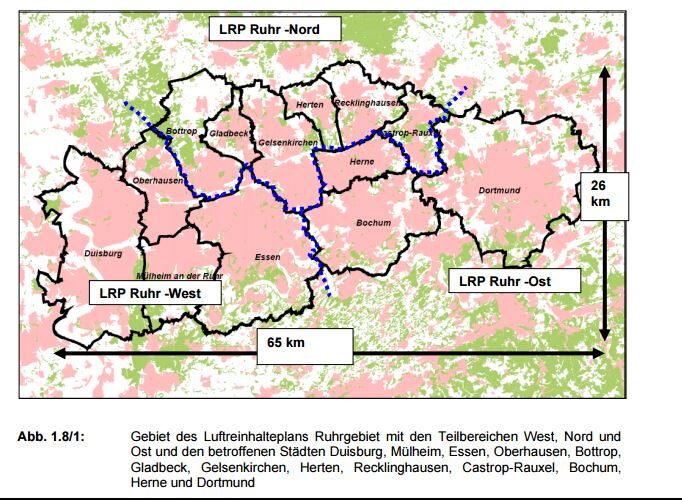 Übersicht über das Gebiet des Luftreinhalteplans Ruhrgebiet mit den Teilgebieten „Ruhrgebiet West“, „Ruhrgebiet Nord“ und „Ruhrgebiet Ost