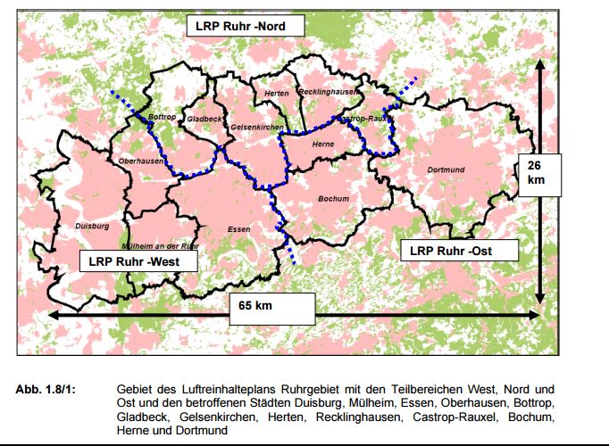 ebiet des Luftreinhalteplans Ruhrgebiet mit den Teilbereichen West, Nord und Ost und den betroffenen Städten Duisburg, Mülheim, Essen, Oberhausen, Bottrop, Gladbeck, Gelsenkirchen, Herten, Recklinghausen, Castrop-Rauxel, Bochum, Herne und Dortmund