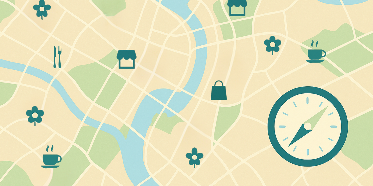 Illustrierte Stadtkarte mit Fluss, Grünflächen und kleinen Symbolen für Einkauf, Gastronomie und Freizeit mit einem Kompass unten rechts