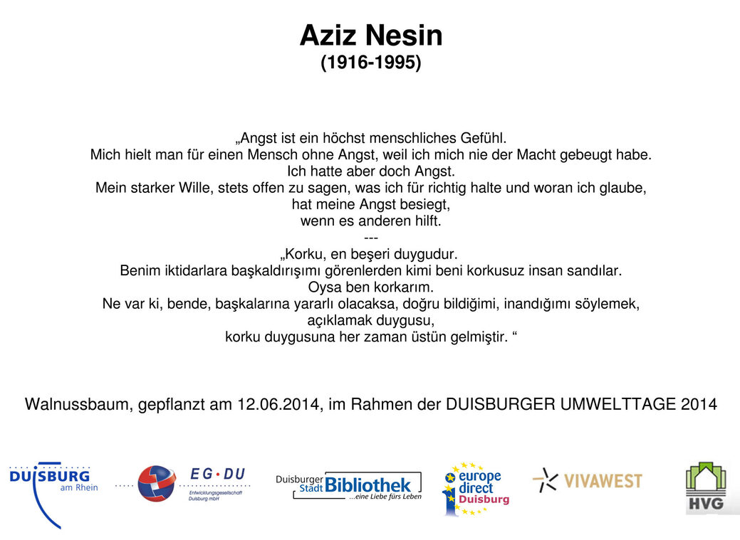 Baumschild: Aziz Nesin - Baum im Dichterviertel (2014)