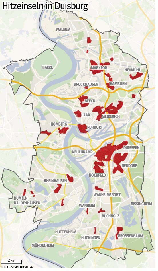 Karte Hitzeinseln in Duisburg