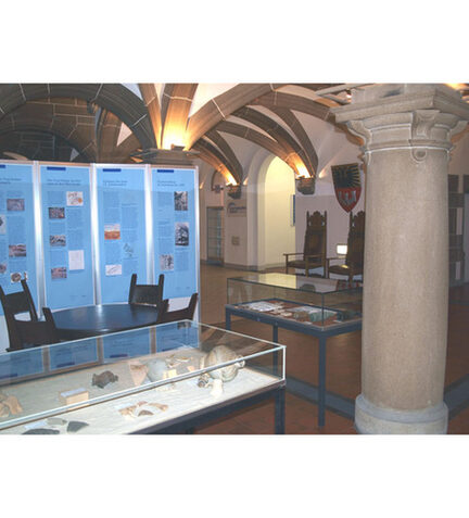 Ausstellungsvitrienen und Informationstafeln im Rathaus