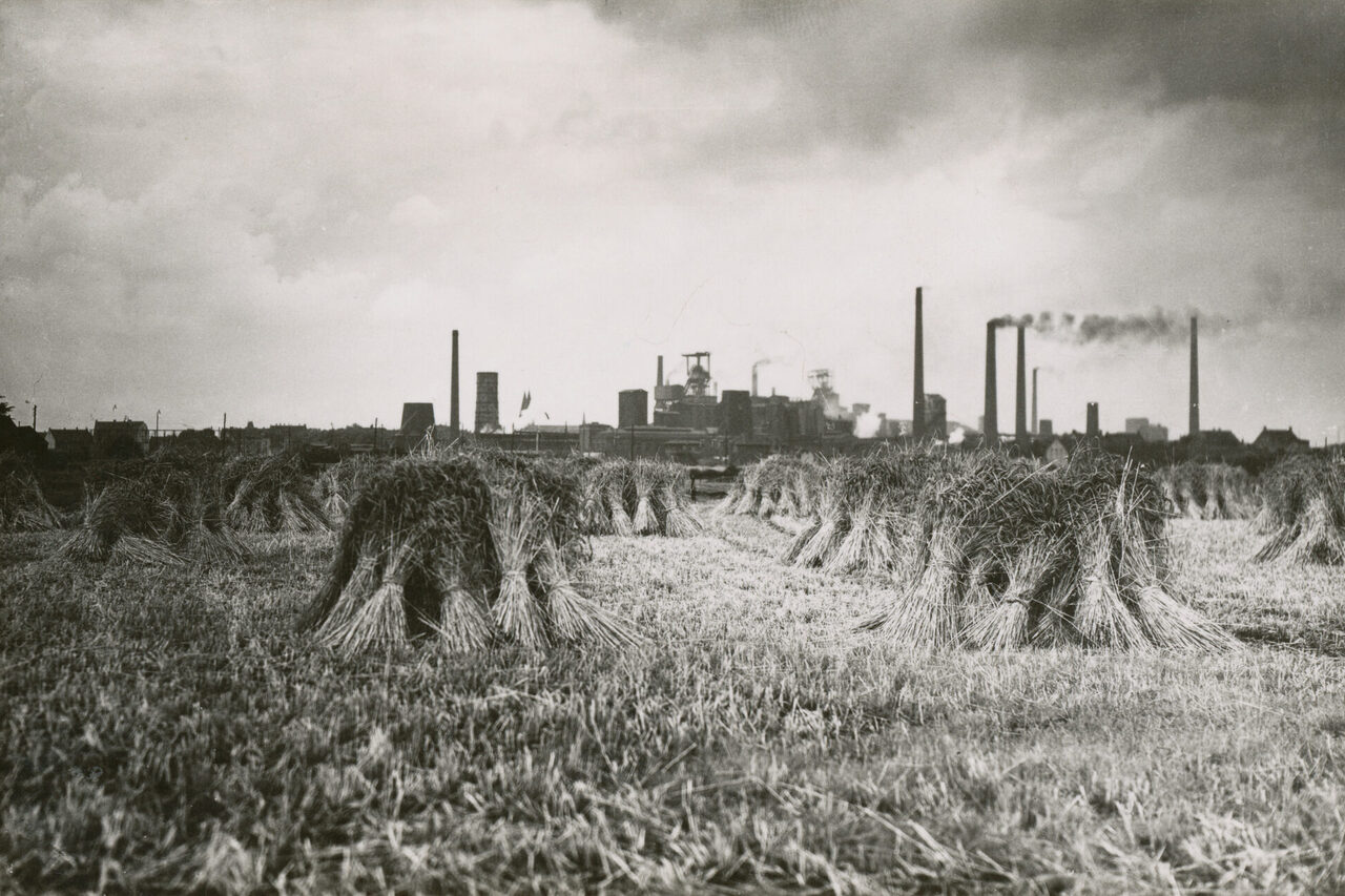 Schwarzweiß Bildmit Feld imVordergrund dahinter rauchende Zechenschlote