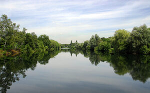 Blauer See in Bissingheim umrandet von Bäumen